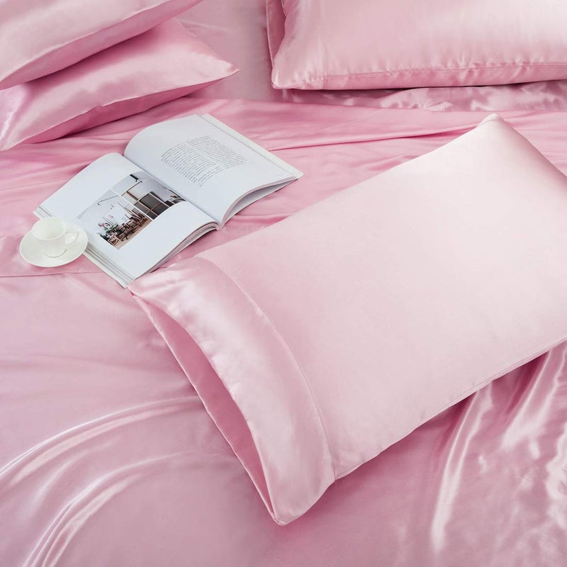 TREELY 6 Piece Queen Size Pink Satin Sheet Set with Deep Pocket, Fitted Sheet, Flat Sheet, 4 Pillowcases - Image 3